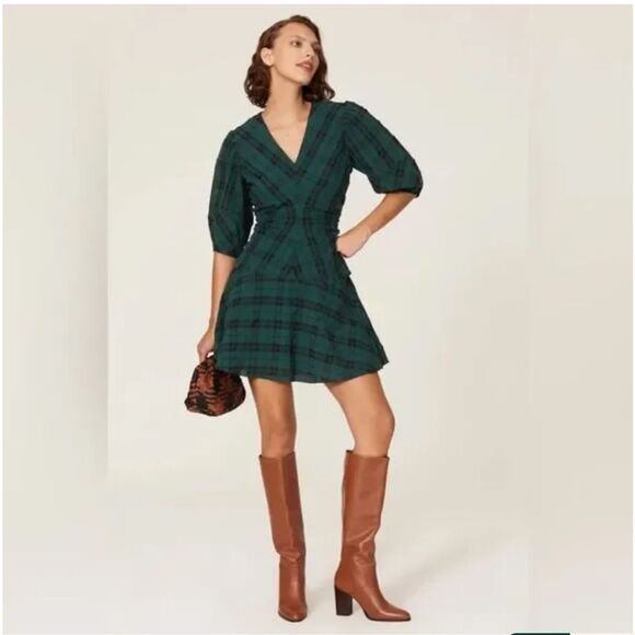 Tanya Taylor Emmaline Green and Black Pleated Plaid Mini Dress Size 12 NWT - Picture 1 of 13